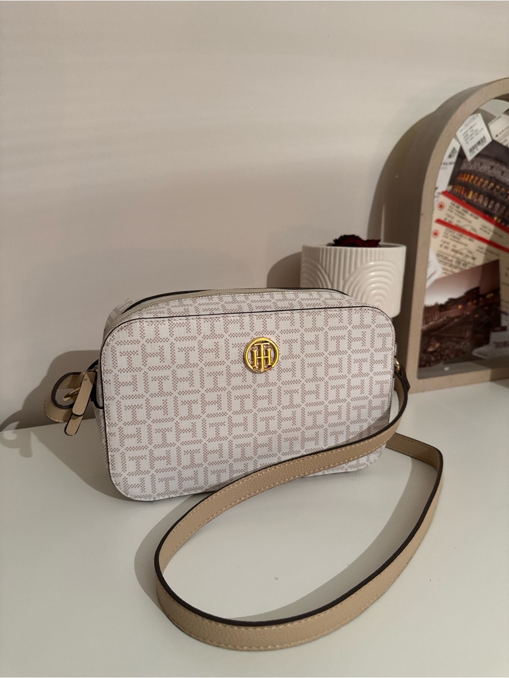 Tommy Hilfiger White Logo Pattern Crossbody with Gold Emblem